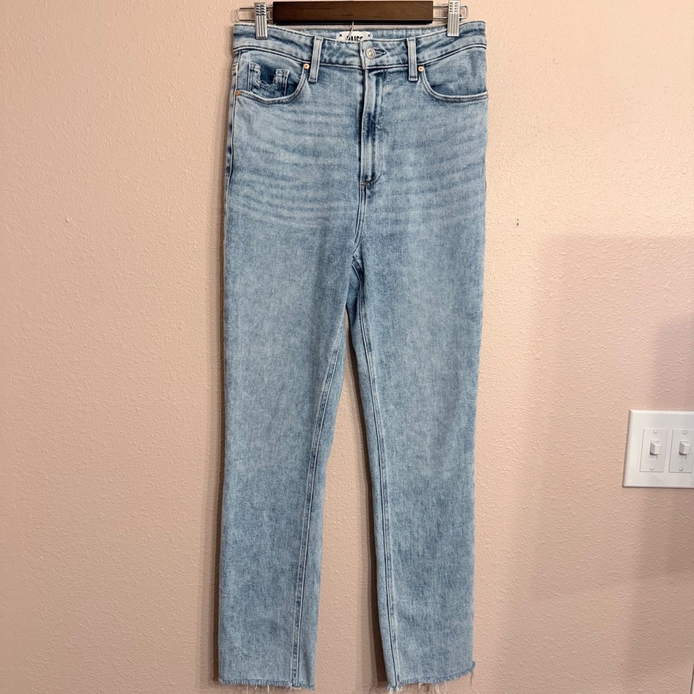 PAIGE Cindy High Rise Straight Leg Jeans Light Wash Raw Hem Size 28